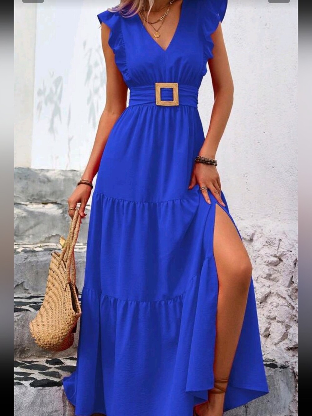Blue Sleeveless Maxi Dress with Side Slit